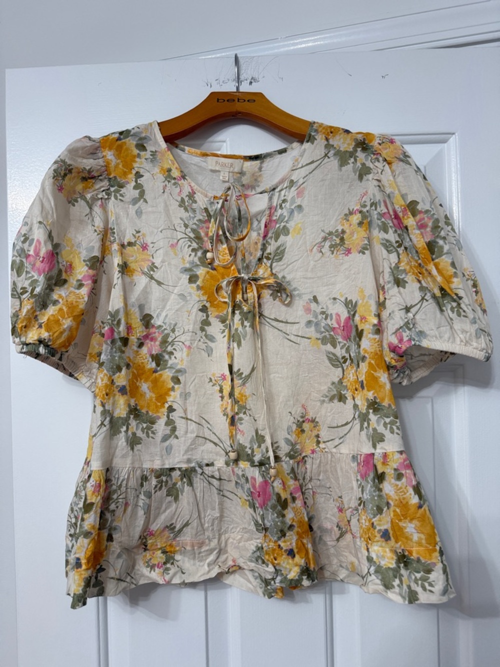 Parker Cream Floral Tie-Neck Peplum Blouse
